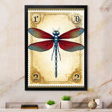 Retro Stamp Illustration Of Red Dragonfly - Blue Dragonfly Wall Art