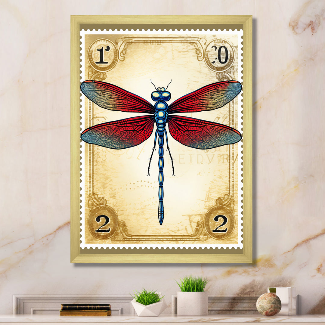 Retro Stamp Illustration Of Red Dragonfly - Blue Dragonfly Wall Art