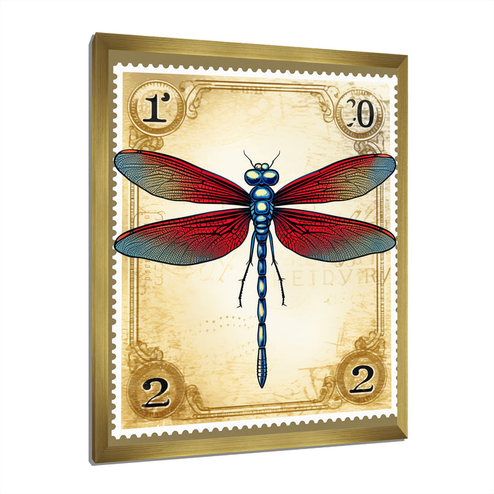 Retro Stamp Illustration Of Red Dragonfly - Blue Dragonfly Wall Art