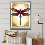 Retro Stamp Illustration Of Red Dragonfly - Blue Dragonfly Wall Art