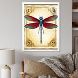 Retro Stamp Illustration Of Red Dragonfly - Blue Dragonfly Wall Art