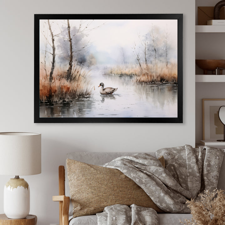 Duck In The Misty Pond At Dawn Watercolor - Duck Large Canvas Wall Art