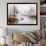 Duck In The Misty Pond At Dawn Watercolor - Duck Large Canvas Wall Art