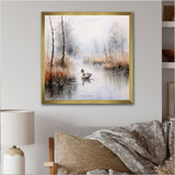 Duck In The Misty Pond At Dawn Watercolor - Duck Large Canvas Wall Art