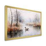 Duck In The Misty Pond At Dawn Watercolor - Duck Large Canvas Wall Art