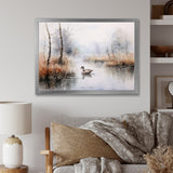 Duck In The Misty Pond At Dawn Watercolor - Duck Large Canvas Wall Art