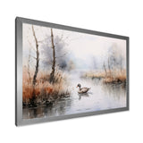 Duck In The Misty Pond At Dawn Watercolor - Duck Large Canvas Wall Art