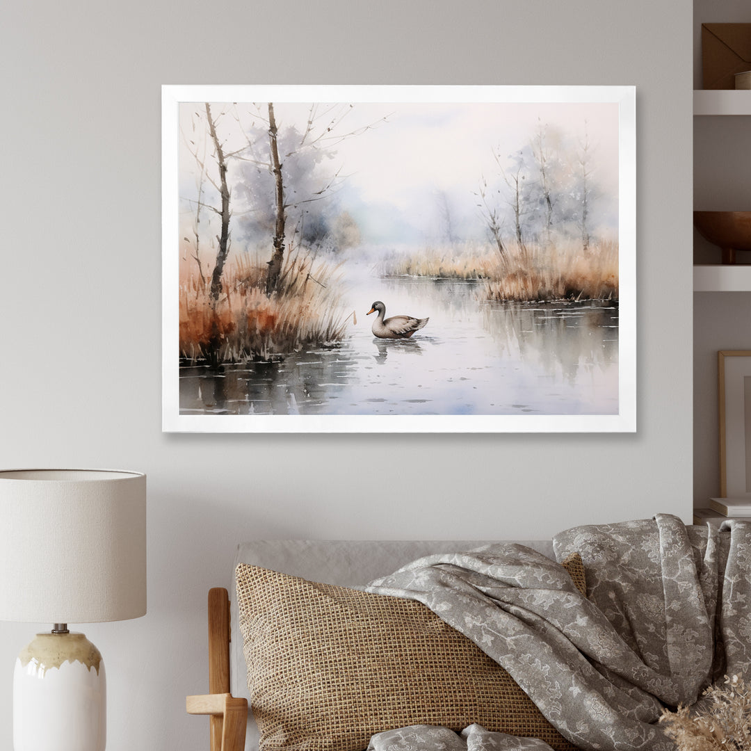 Duck In The Misty Pond At Dawn Watercolor - Duck Large Canvas Wall Art
