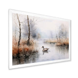 Duck In The Misty Pond At Dawn Watercolor - Duck Large Canvas Wall Art