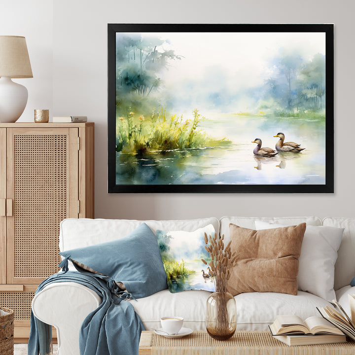 Ducks Swimming In Spring Pond Watercolor - Duck Living Room Wall Art