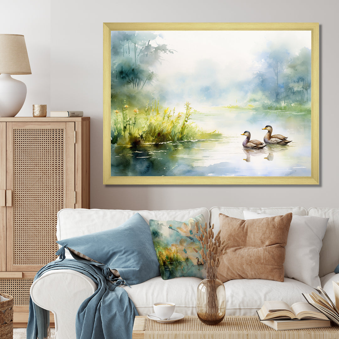 Ducks Swimming In Spring Pond Watercolor - Duck Living Room Wall Art