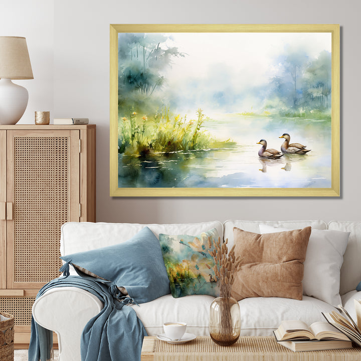 Ducks Swimming In Spring Pond Watercolor - Duck Living Room Wall Art