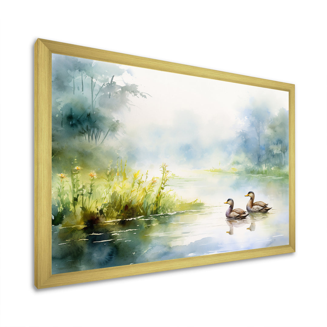 Ducks Swimming In Spring Pond Watercolor - Duck Living Room Wall Art