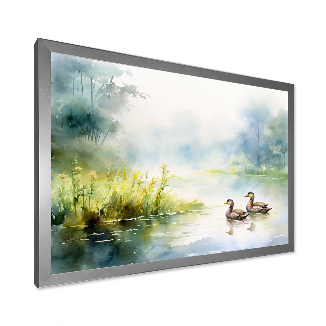 Ducks Swimming In Spring Pond Watercolor - Duck Living Room Wall Art