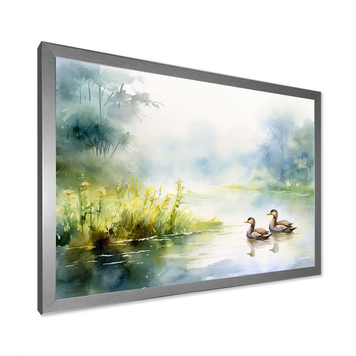 Ducks Swimming In Spring Pond Watercolor - Duck Living Room Wall Art