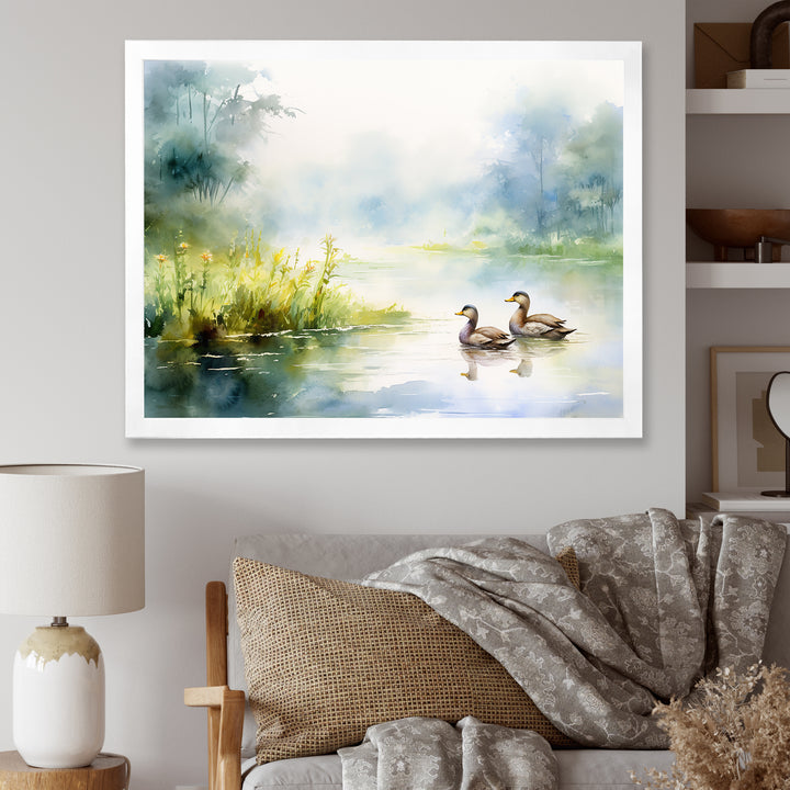 Ducks Swimming In Spring Pond Watercolor - Duck Living Room Wall Art