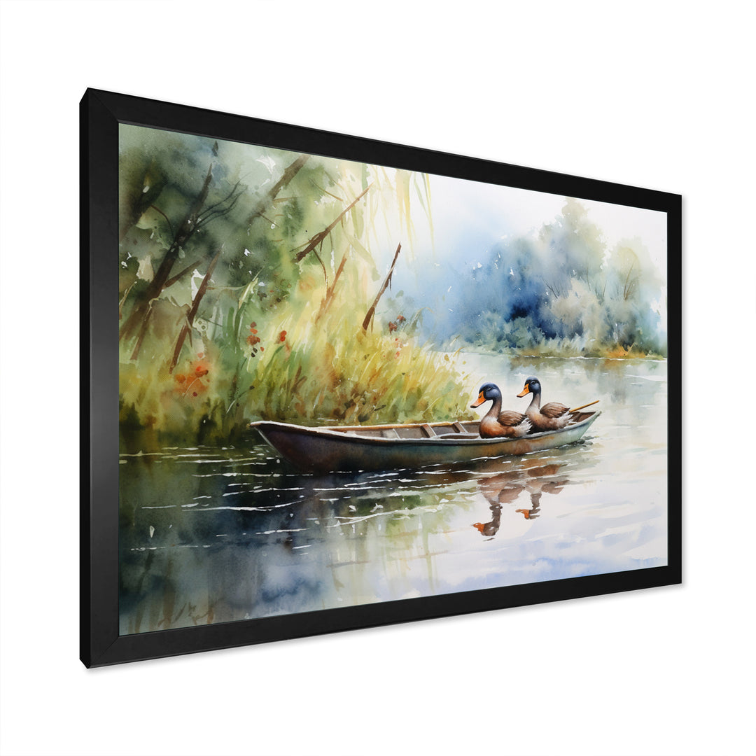 Ducks In A little Boat On The Lake - Duck Bedroom Wall Art