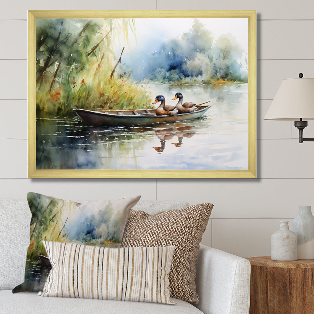 Ducks In A little Boat On The Lake - Duck Bedroom Wall Art