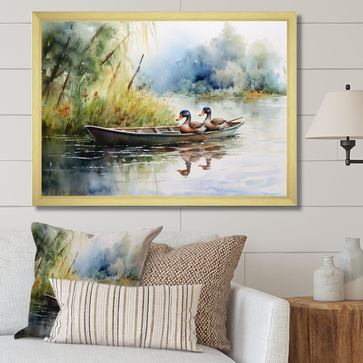Ducks In A little Boat On The Lake - Duck Bedroom Wall Art