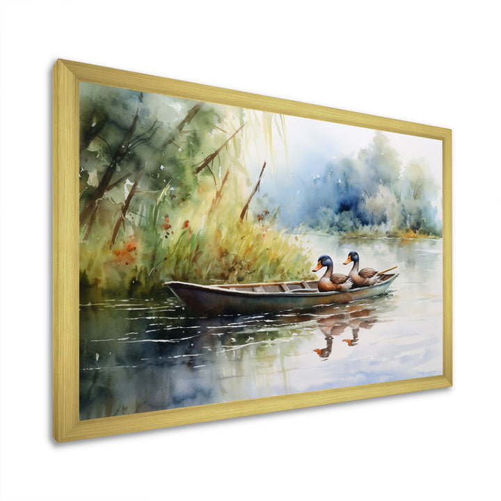 Ducks In A little Boat On The Lake - Duck Bedroom Wall Art