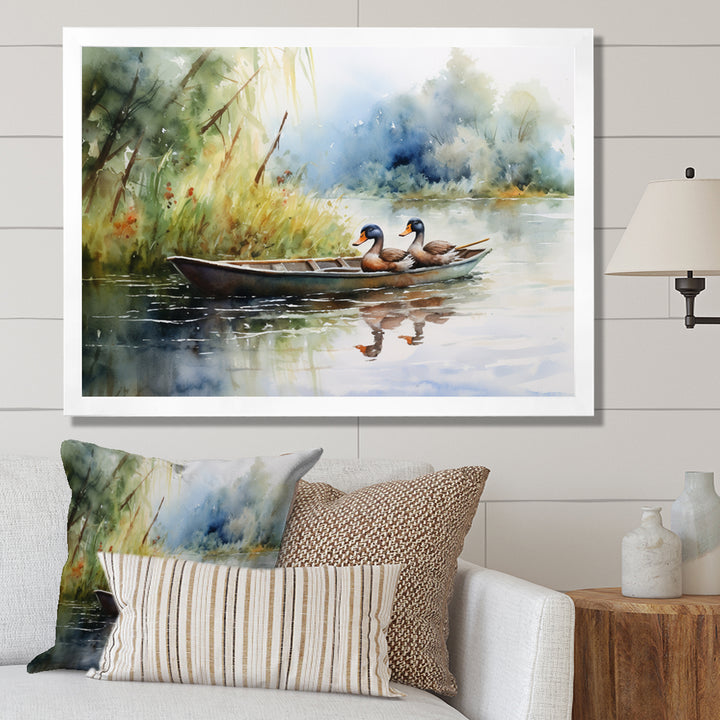Ducks In A little Boat On The Lake - Duck Bedroom Wall Art