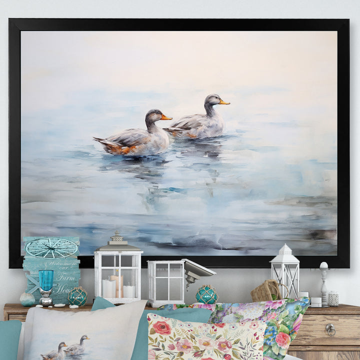 Brown Ducks Swimming Misty Morning Lake - Duck Canvas Wall Art