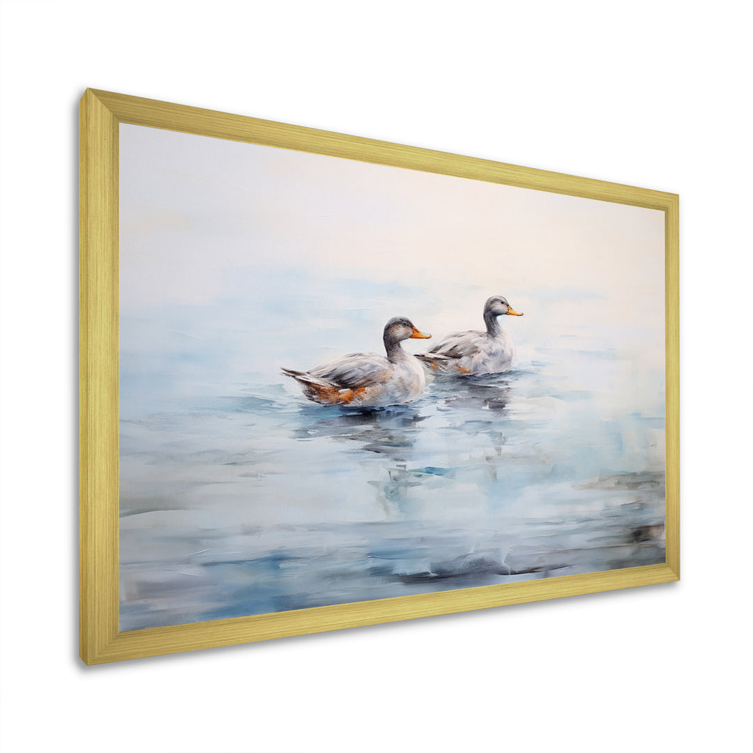 Brown Ducks Swimming Misty Morning Lake - Duck Canvas Wall Art