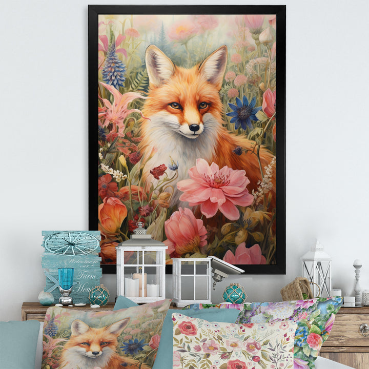 Cute Orange Fox In Flower Field - Orange Fox Wall Art