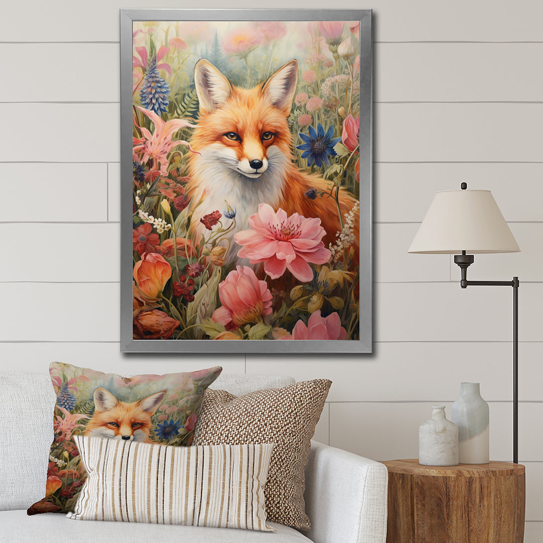 Cute Orange Fox In Flower Field - Orange Fox Wall Art