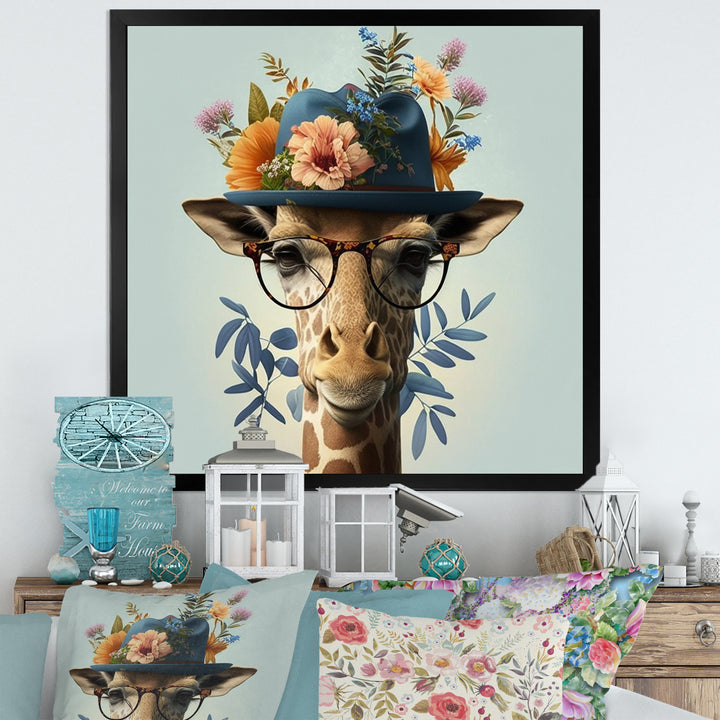 Portrait Of Giraffe With Glasses And A Hat - Giraffe Canvas Wall Art