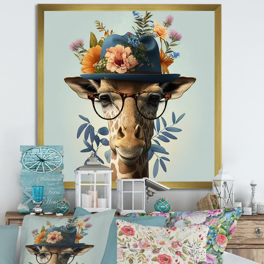 Portrait Of Giraffe With Glasses And A Hat - Giraffe Canvas Wall Art