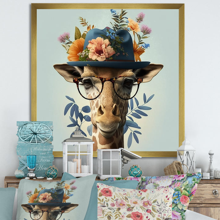 Portrait Of Giraffe With Glasses And A Hat - Giraffe Canvas Wall Art