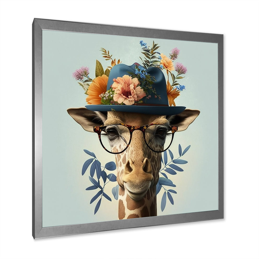 Portrait Of Giraffe With Glasses And A Hat - Giraffe Canvas Wall Art