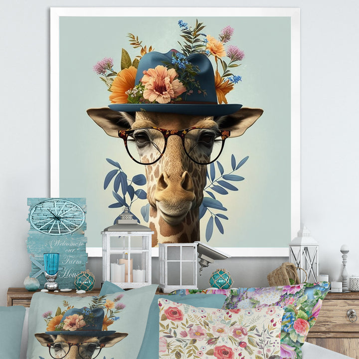 Portrait Of Giraffe With Glasses And A Hat - Giraffe Canvas Wall Art