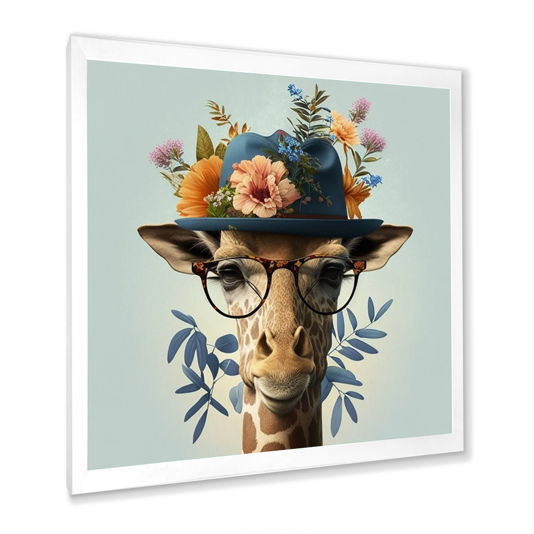 Portrait Of Giraffe With Glasses And A Hat - Giraffe Canvas Wall Art