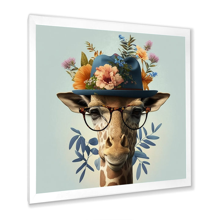 Portrait Of Giraffe With Glasses And A Hat - Giraffe Canvas Wall Art