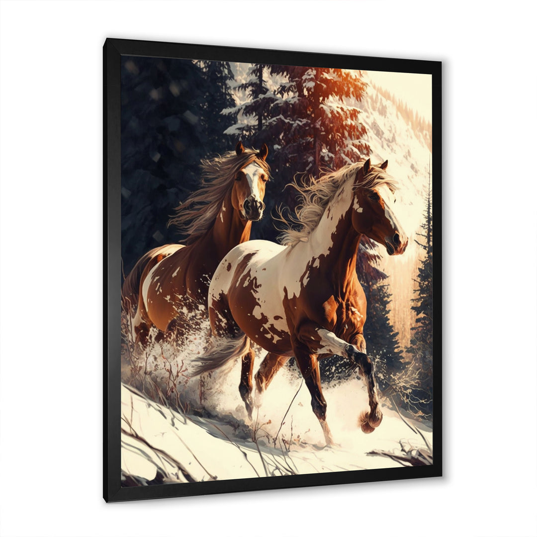 Wild Horses Galloping Winter Scene - Brown Horse Wall Art