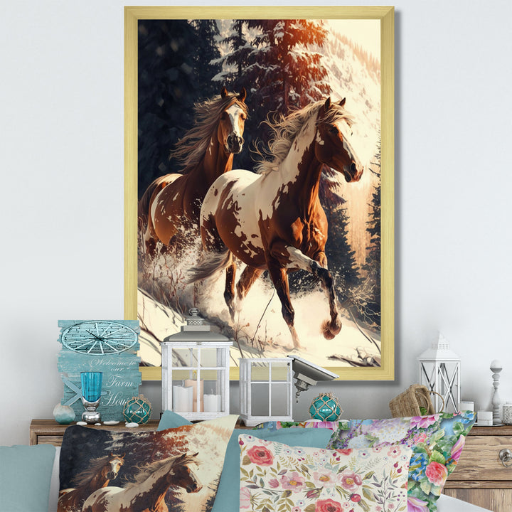 Wild Horses Galloping Winter Scene - Brown Horse Wall Art