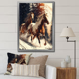 Wild Horses Galloping Winter Scene - Brown Horse Wall Art