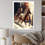 Wild Horses Galloping Winter Scene - Brown Horse Wall Art