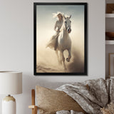 White Horse With Rider Galloping Desert Scene - Horse Framed Canvas Art