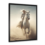 White Horse With Rider Galloping Desert Scene - Horse Framed Canvas Art