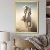 White Horse With Rider Galloping Desert Scene - Horse Framed Canvas Art