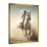 White Horse With Rider Galloping Desert Scene - Horse Framed Canvas Art