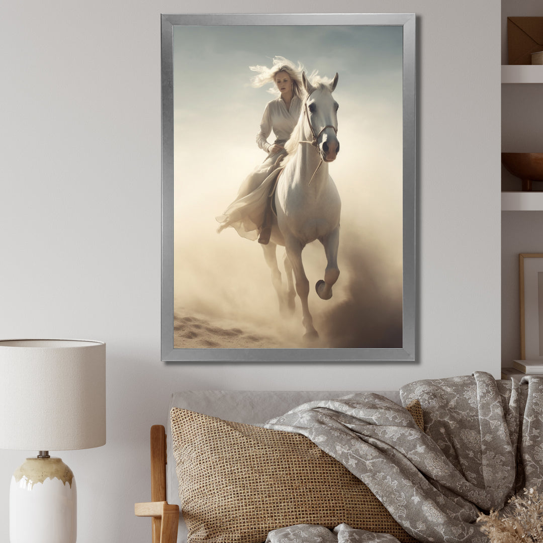 White Horse With Rider Galloping Desert Scene - Horse Framed Canvas Art