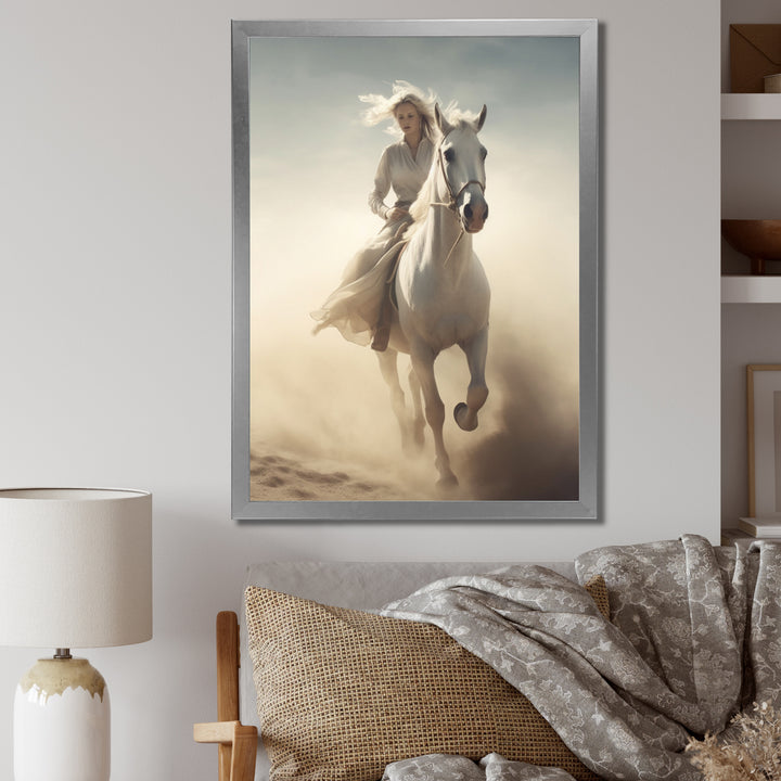 White Horse With Rider Galloping Desert Scene - Horse Framed Canvas Art