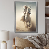 White Horse With Rider Galloping Desert Scene - Horse Framed Canvas Art