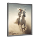White Horse With Rider Galloping Desert Scene - Horse Framed Canvas Art