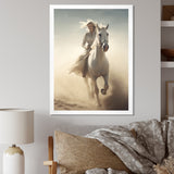 White Horse With Rider Galloping Desert Scene - Horse Framed Canvas Art