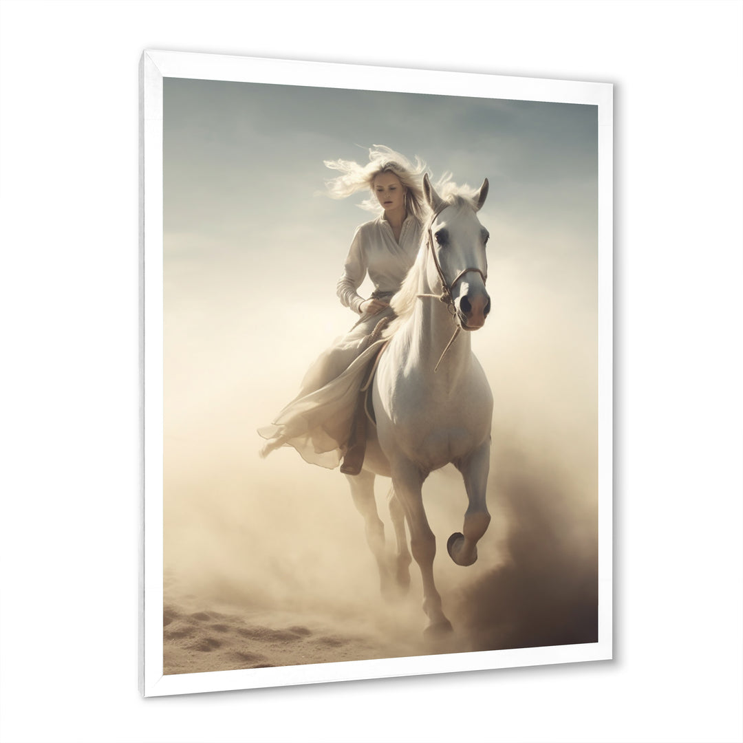 White Horse With Rider Galloping Desert Scene - Horse Framed Canvas Art